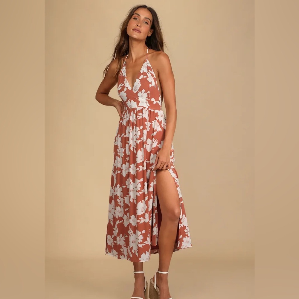 Follow the Summer Orange Floral Print Halter Midi Dress